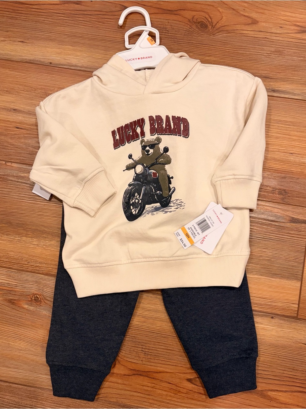 Lucky Brand Cream Hoodie Set with Motorcycle Bear Graphic - Kids